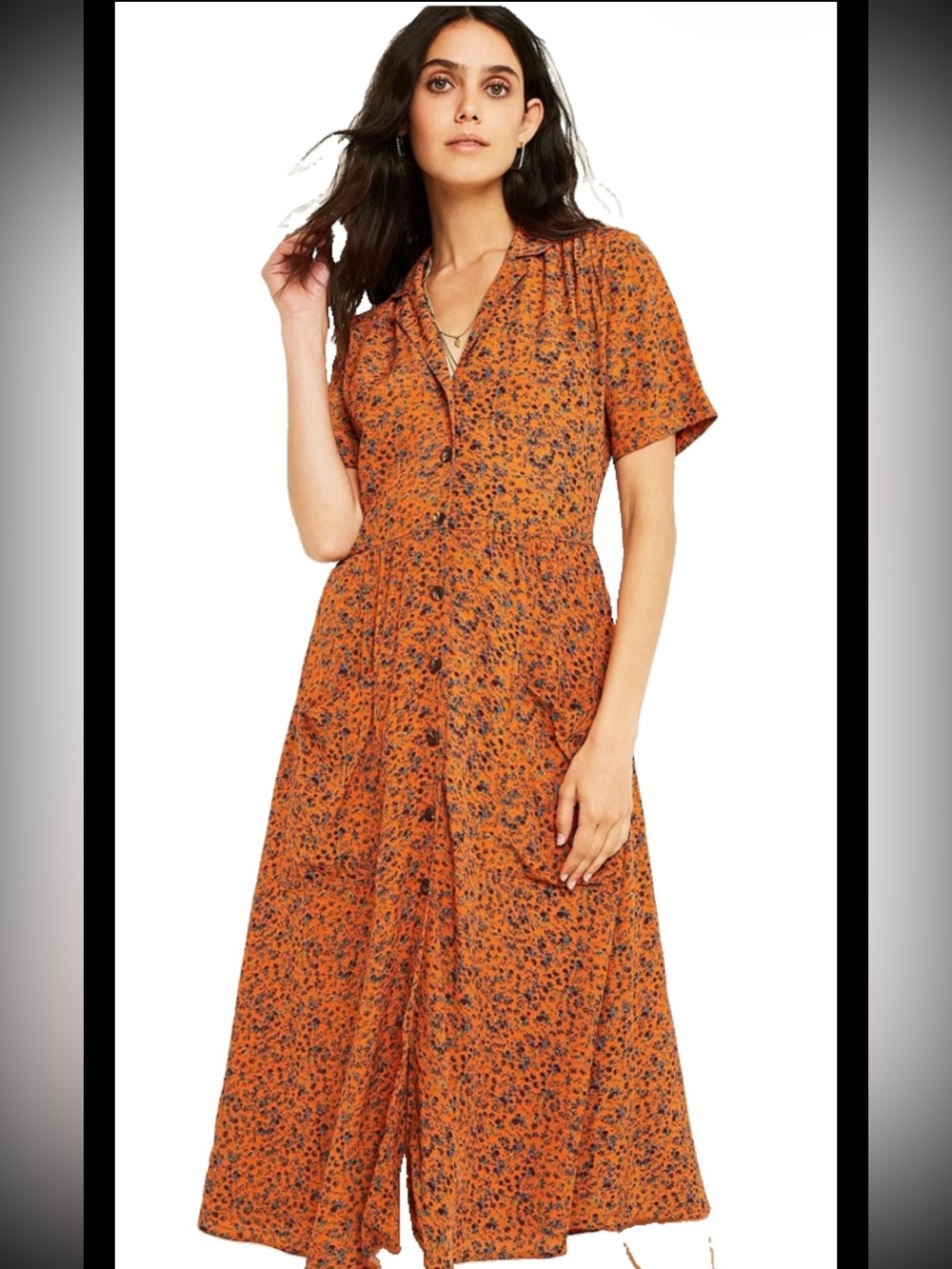 Urban Outfitters UO Orange Purple Blue Floral Mila Midi Button Shirt Dress Large